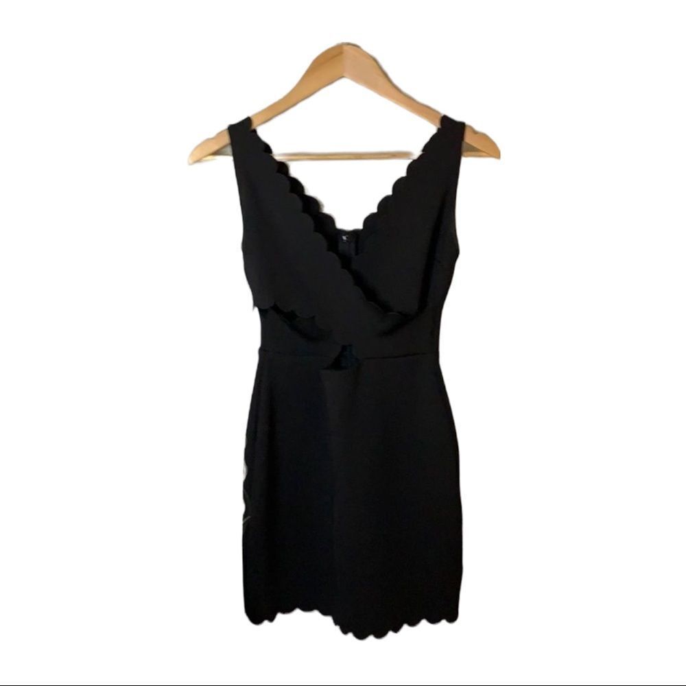 𝅺top Shop black knit dress stretchy revealing scalloped edge sexy size small
